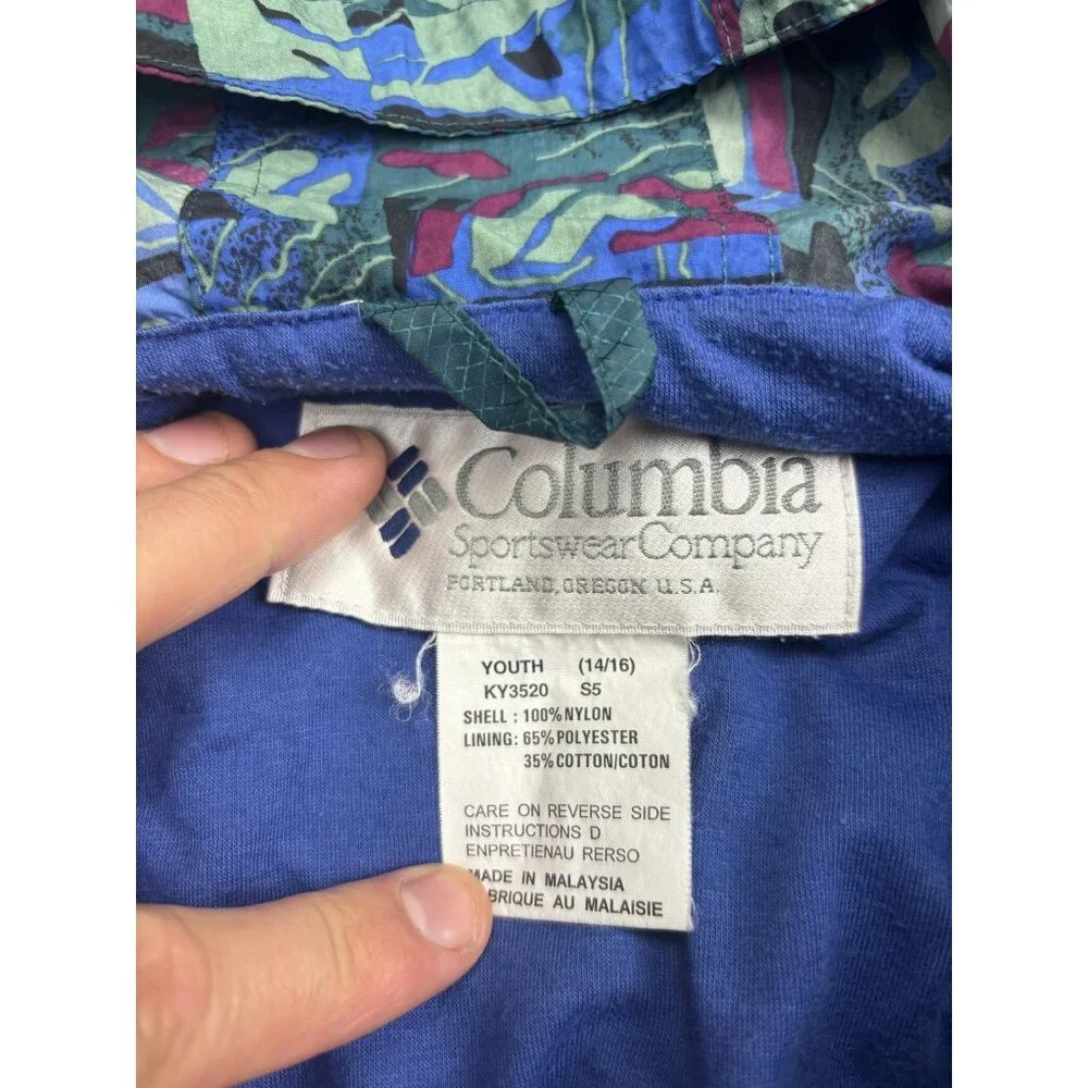 Columbia Jacket Youth 14/16 Green Nylon Hooded Windbreaker Lined‎ 90s Colorblock